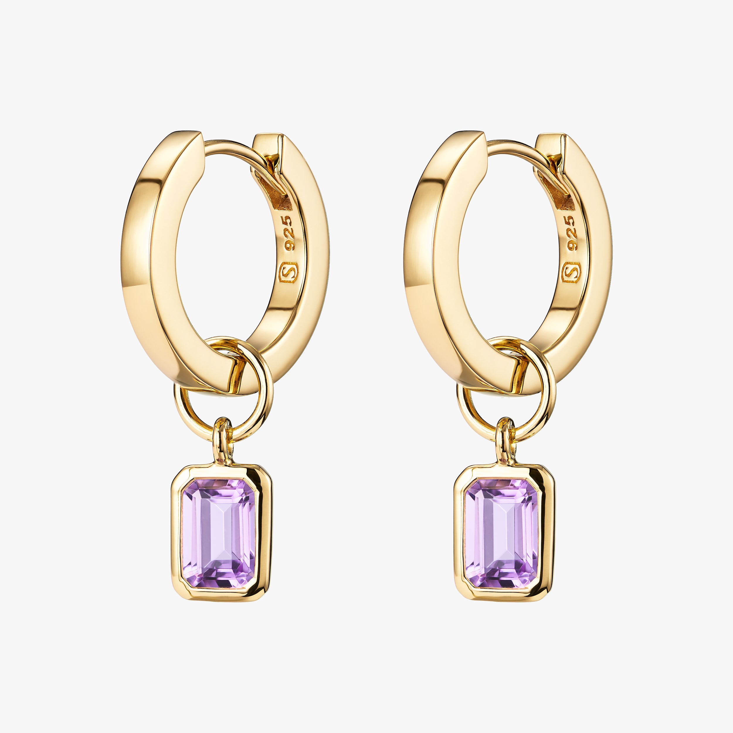 18K gold vermeil amethyst huggie hoop earrings featuring February's birthstone, amethyst, with interchangeable charms. Crafted from luxurious 18K gold vermeil for a timeless, durable finish, making them a perfect gift for February birthdays.