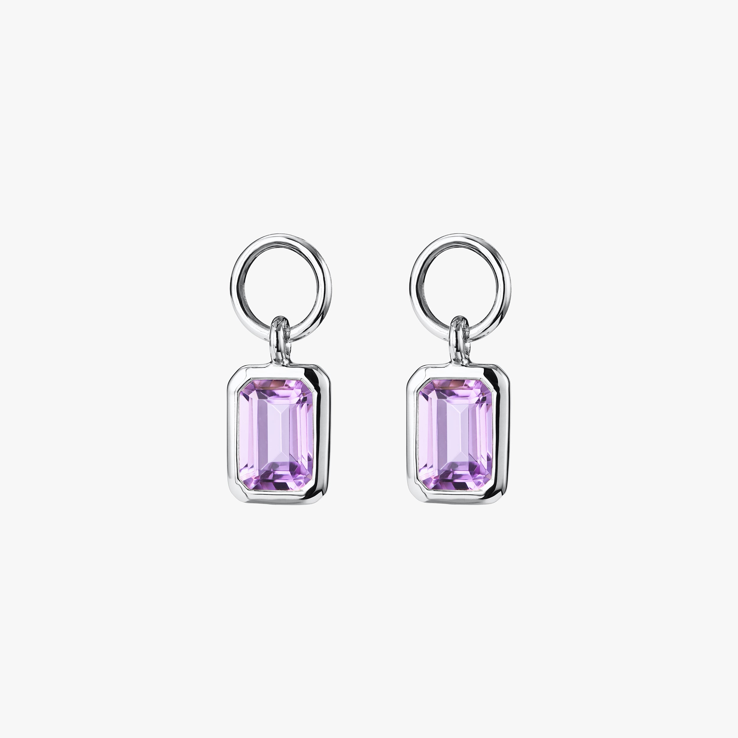 Amethyst charms in sterling silver which are customisable and interchangeable, allowing for endless combinations with the February birthstone to suit any look or occasion.