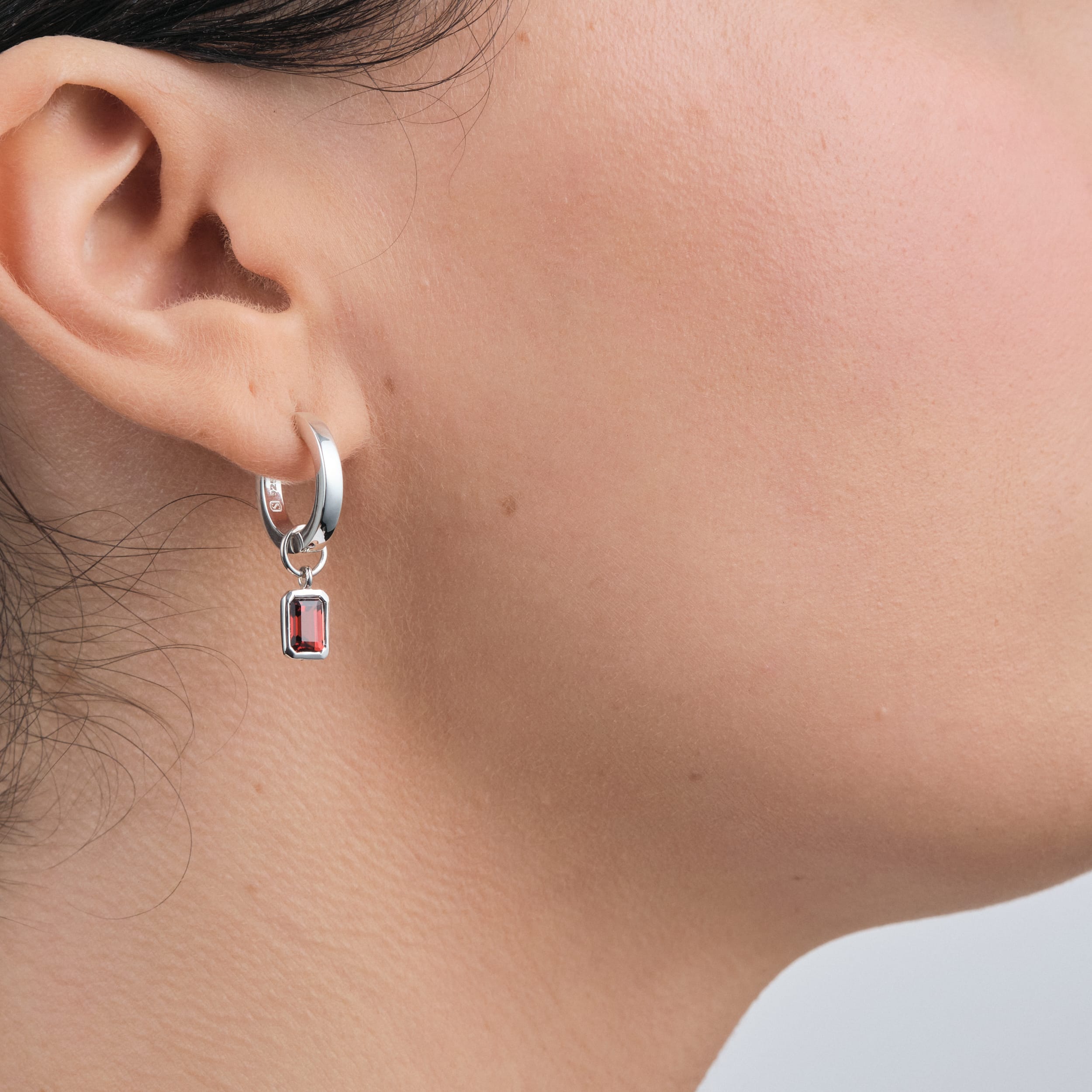 Red Garnet Huggie Set in Sterling Silver - Beautiful Silver Earrings being worn side view