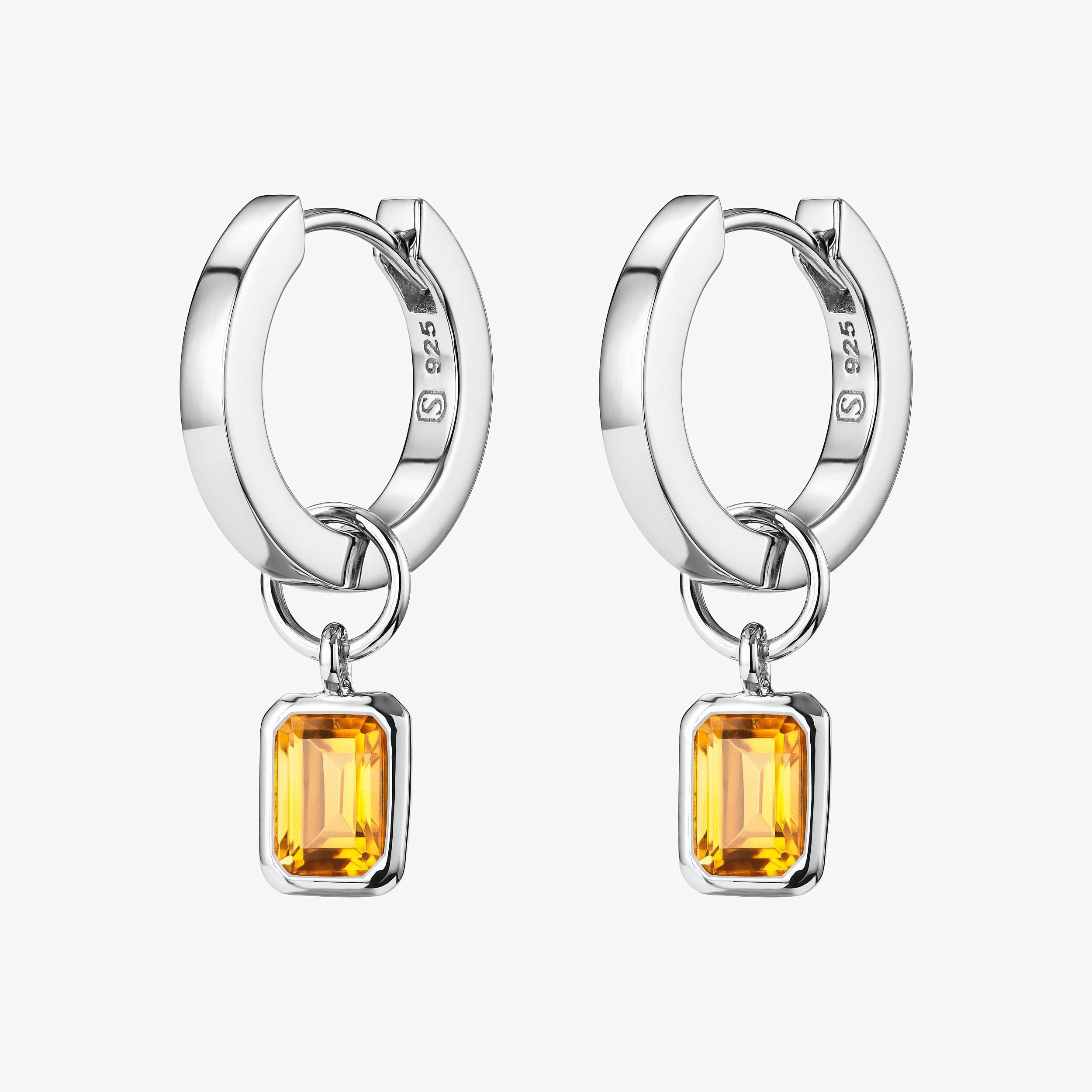 Your November birthstone Golden Citrine charms with huggie hoop earrings in Sterling Silver. Perfect birthday gift.