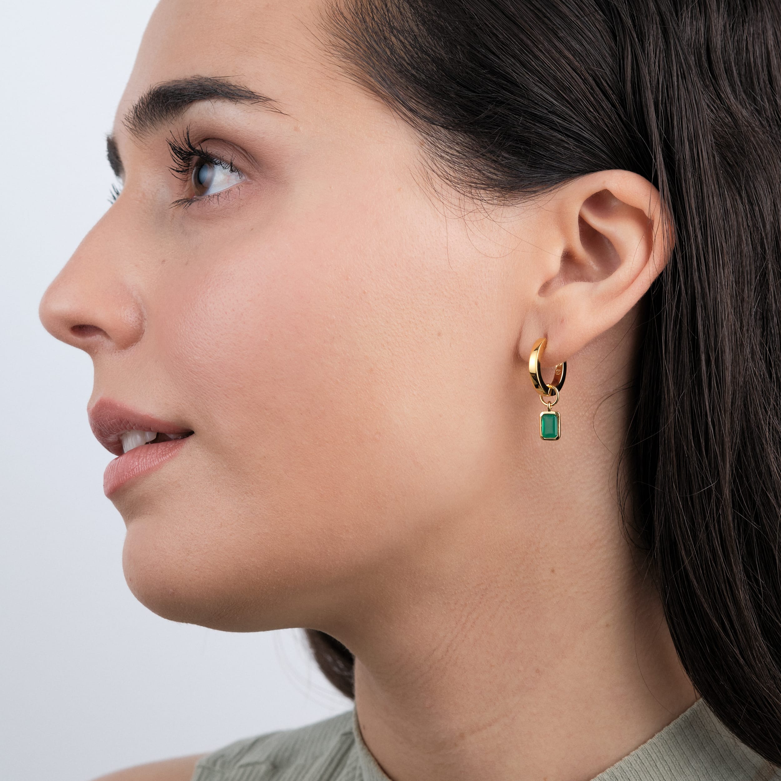 Green Onyx Gemstone Charms in 18k Gold Vermeil being worn by a woman side view.