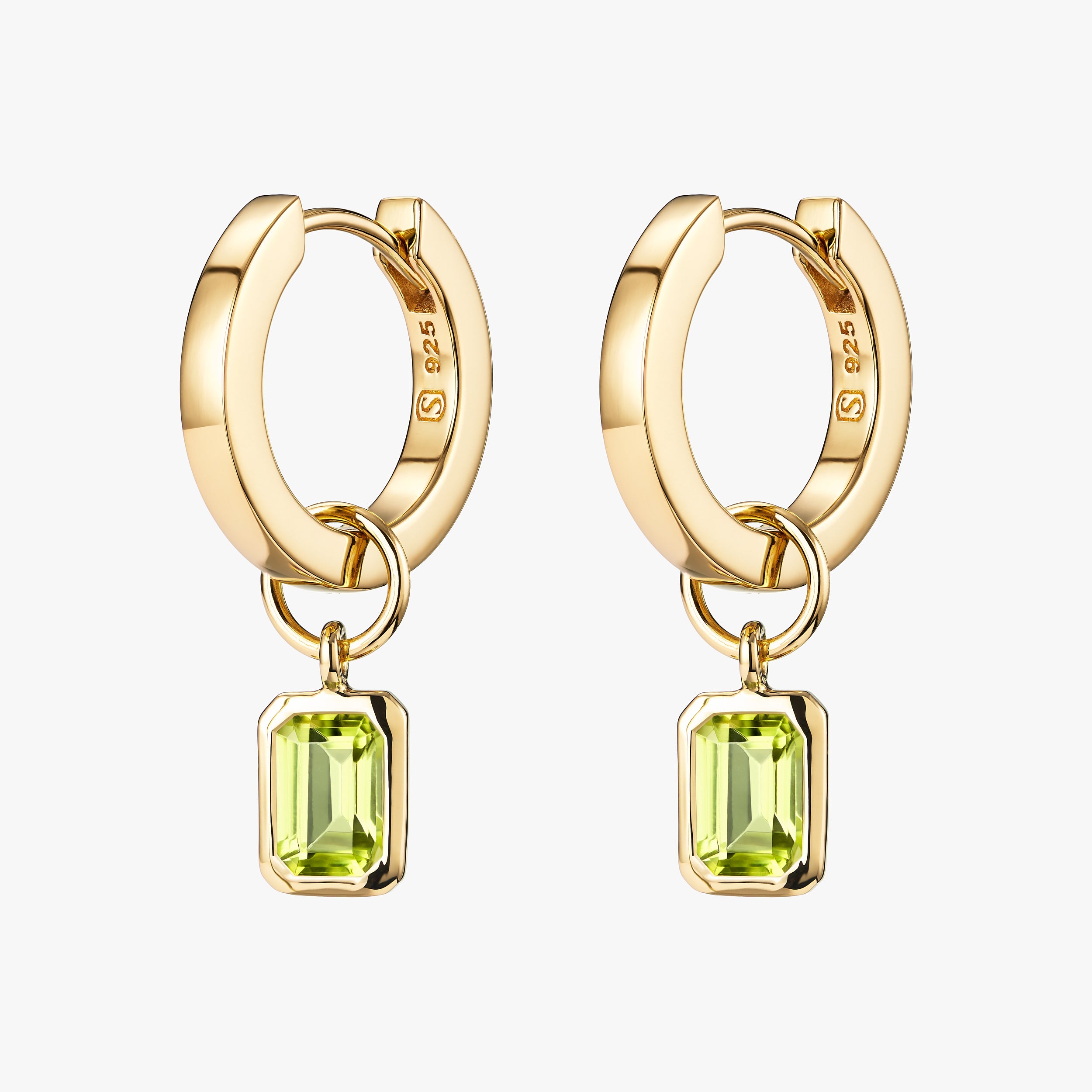 18k Gold Vermeil Huggie hoop earring for everyday wear with vibrant Peridot gemstone charms attached that can be customised.
