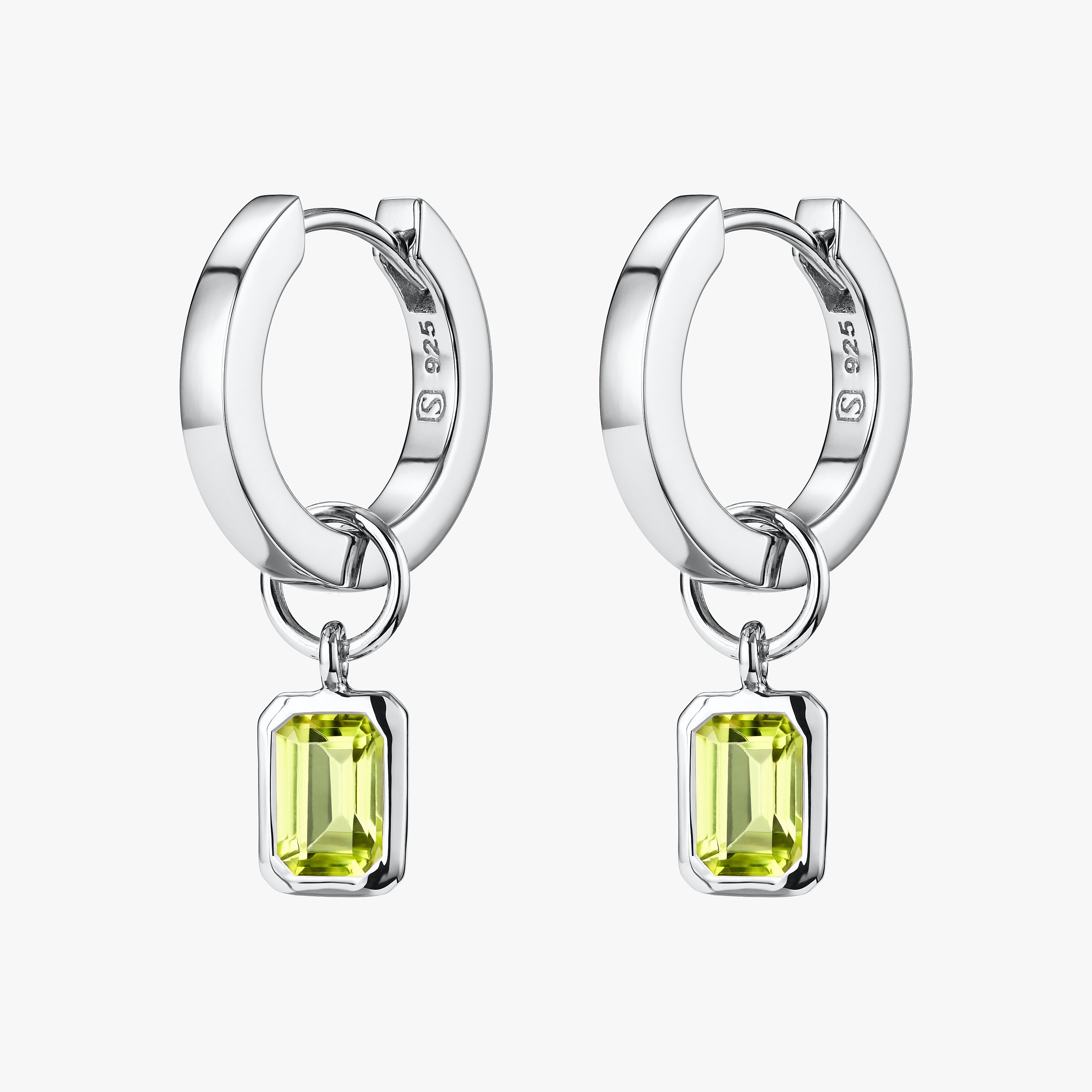 Birthday gift of Sterling Silver Huggie Hoop earrings with Peridot gemstone charms attached that are customisable.