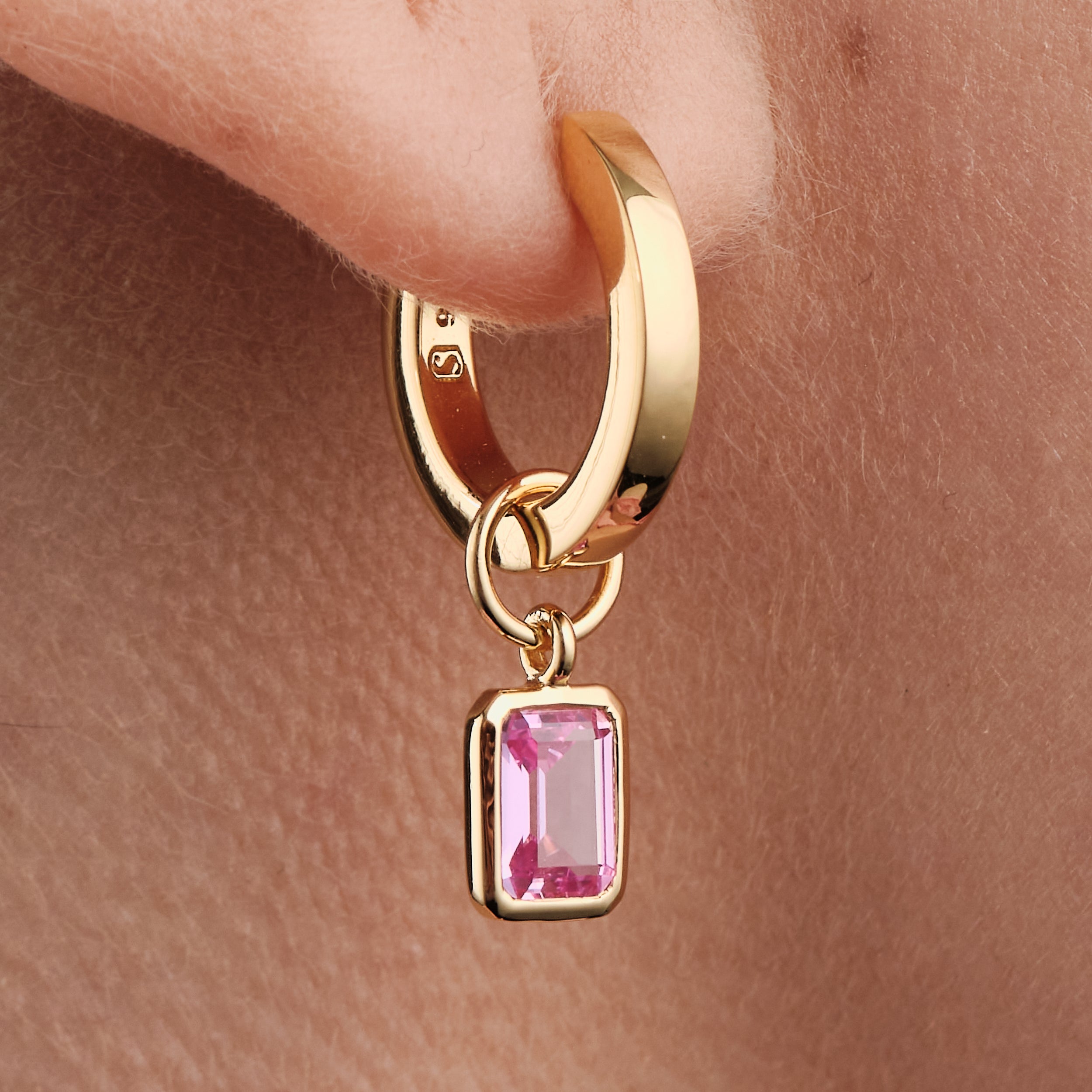 Signature Bold Huggie Hoop Earrings with Legacy Emerald-Cut Pink Ruby Birthstone Charm