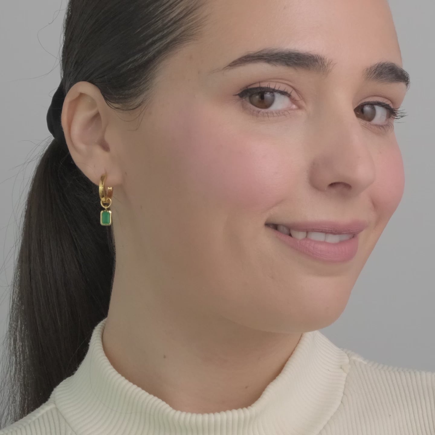 Green Onyx Huggie Set in 18k Gold Vermeil - Beautiful Green Onyx Earrings video of a woman wearing them.