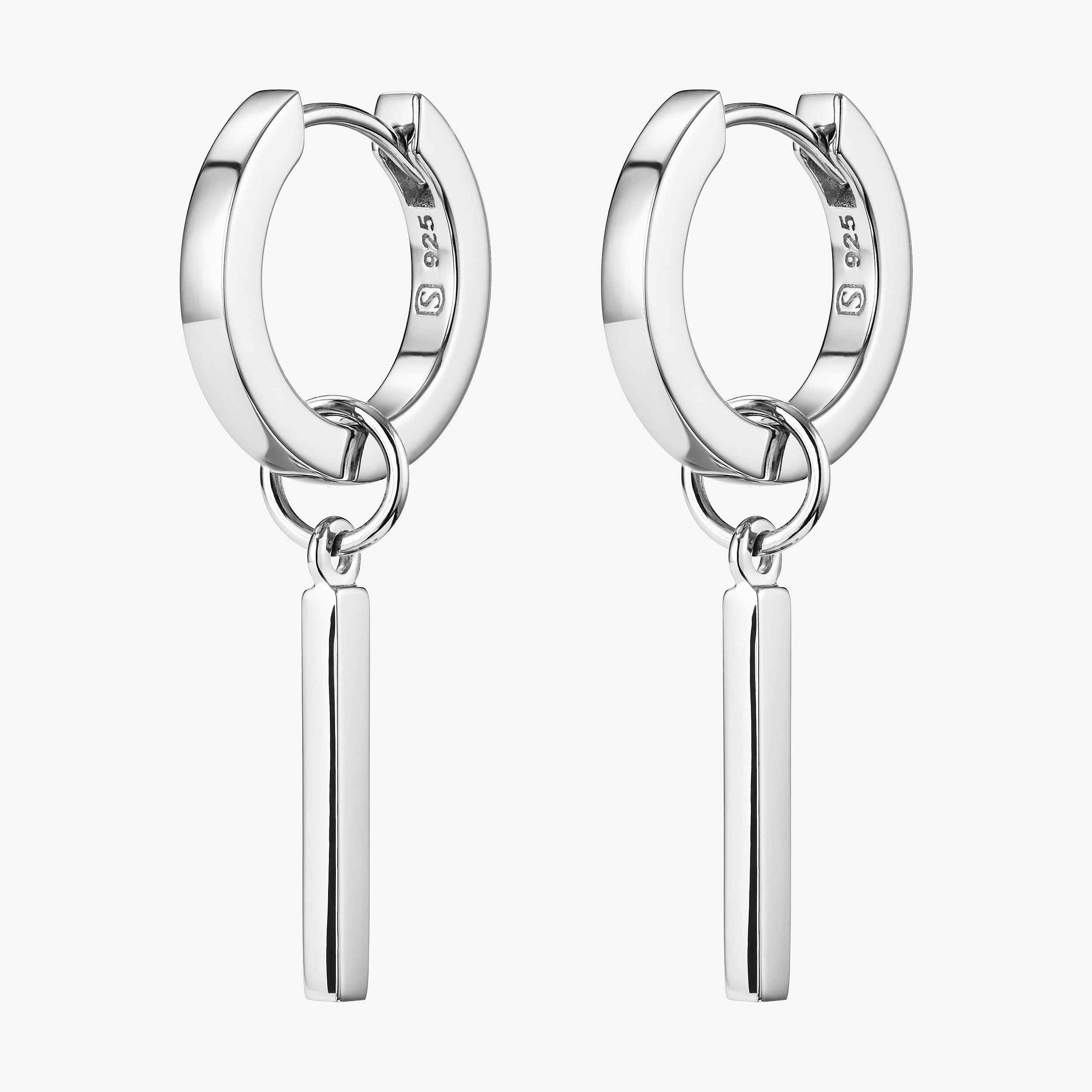 Sleek and chic rod charms with Sterling Silver Huggies hoop earrings perfect for those with sensitive ears.