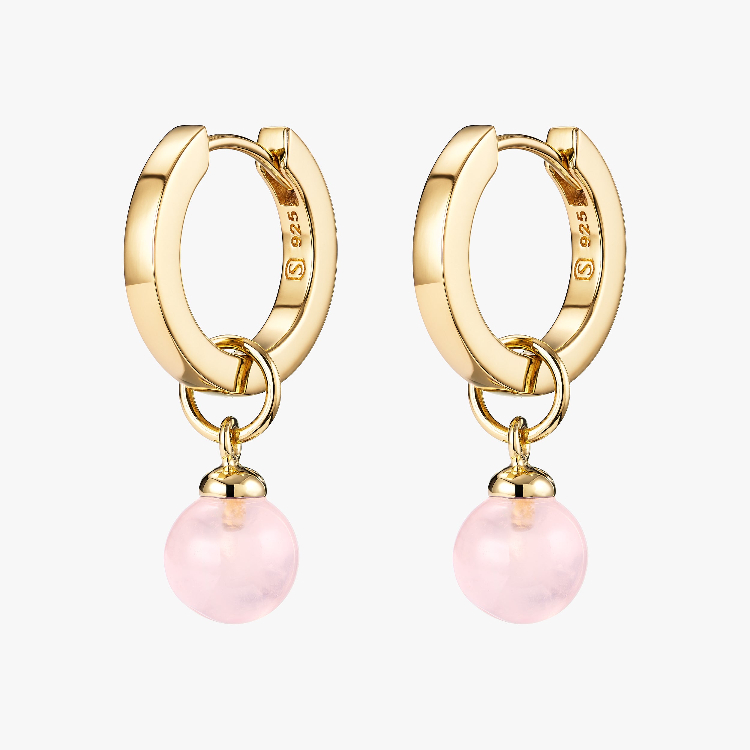 Pair of classic 18k Gold Vermeil Huggie hoop earrings with versatile Rose Quartz gemstone charms attached.