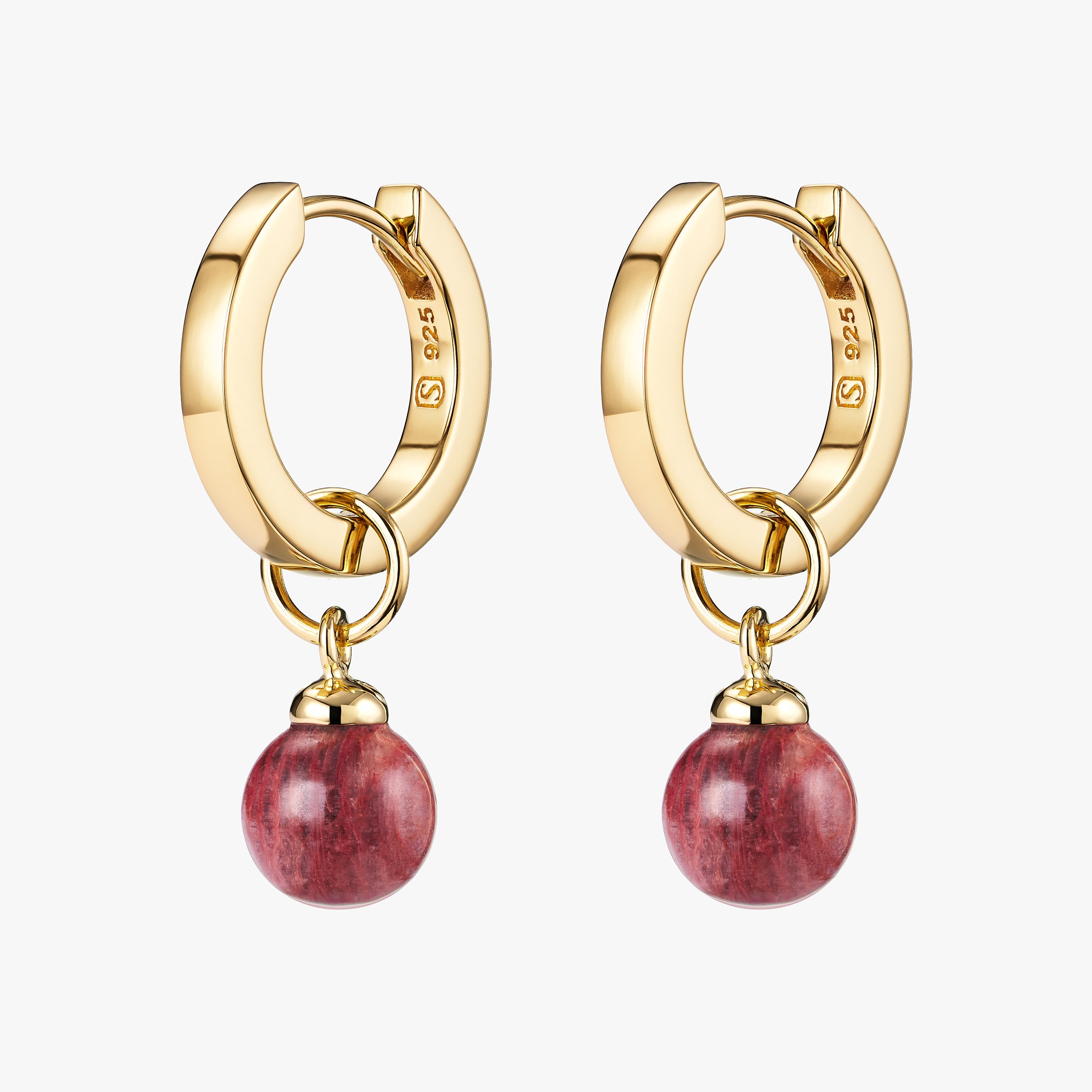 Pair of luxurious 18k Gold Vermeil Huggie hoop earrings with interchangeable Sunstone Jasper gemstone charms attached.