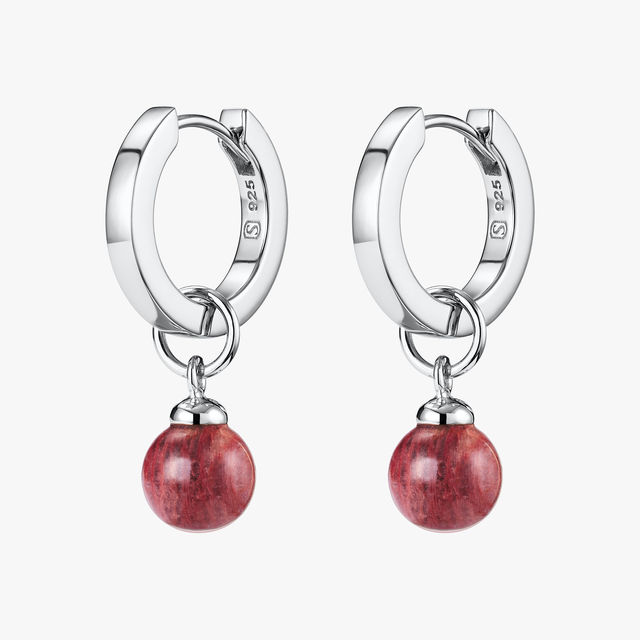 Sterling Silver Huggie Hoop earrings with interchangeable Sunstone Jasper gemstone charms attached.