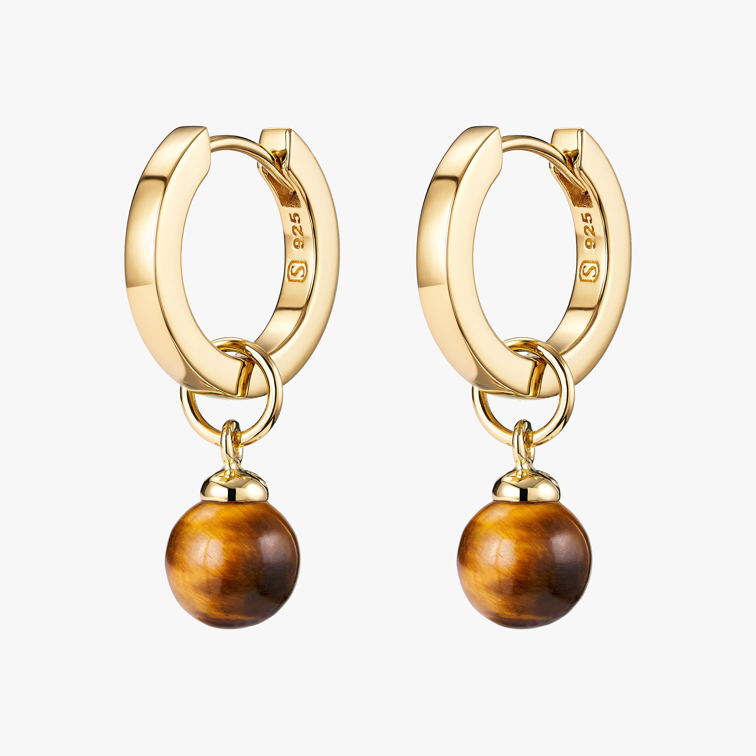 Statement 18k Gold Vermeil Huggie Hoop earrings with interchangeable Tiger's eye gemstone charms attached.