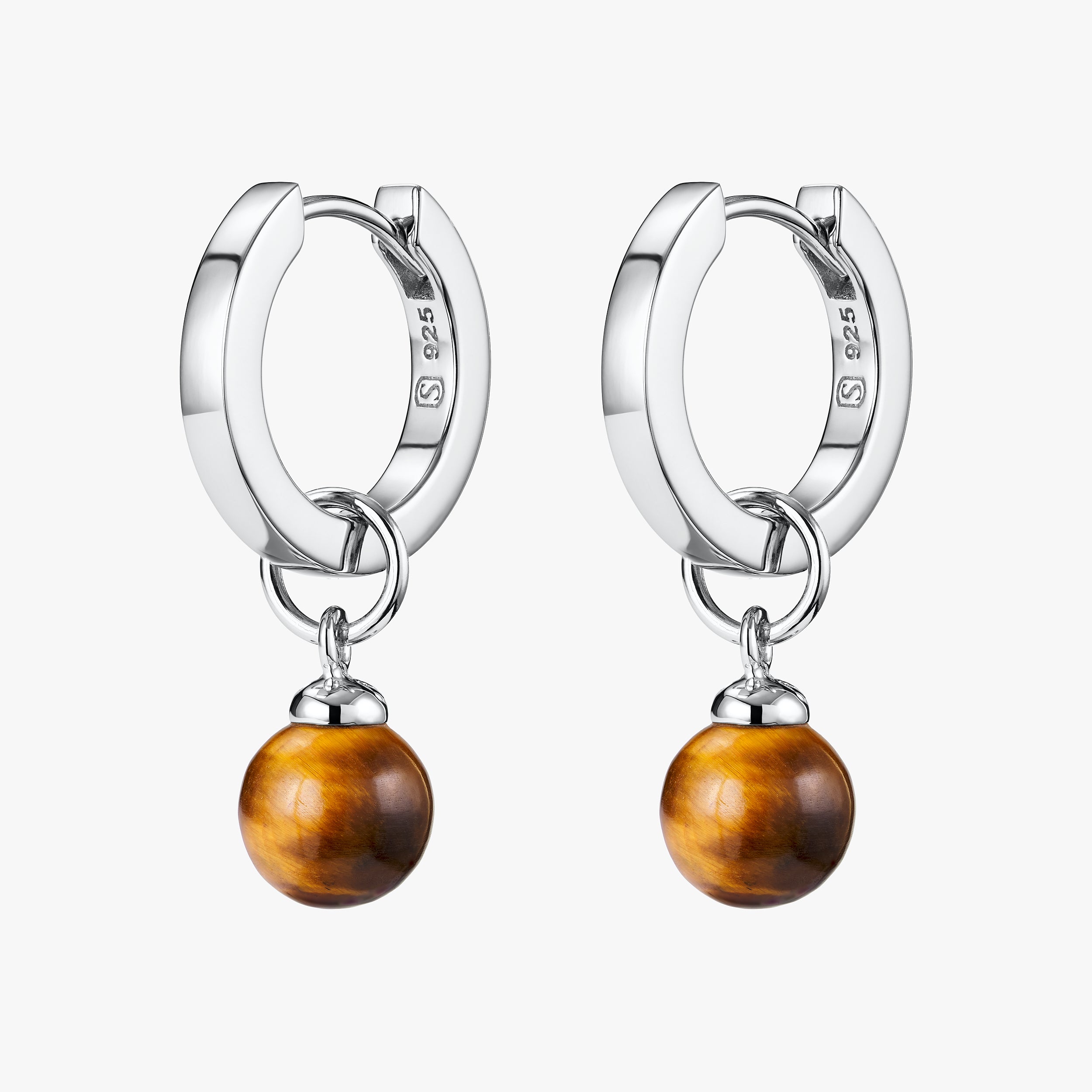 Pair of tarnish resistant Sterling Silver Huggie Hoop earrings with detachable Tiger's Eye gemstone charms.
