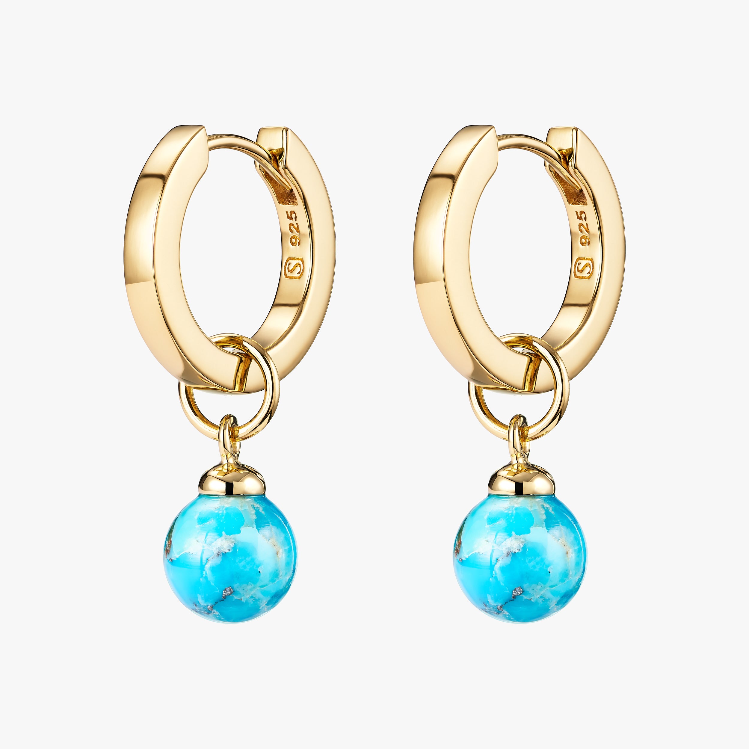18k Gold Vermeil Huggie Hoop earrings a staple piece for someone's jewellery collection with detachable Turquoise gemstone charms.