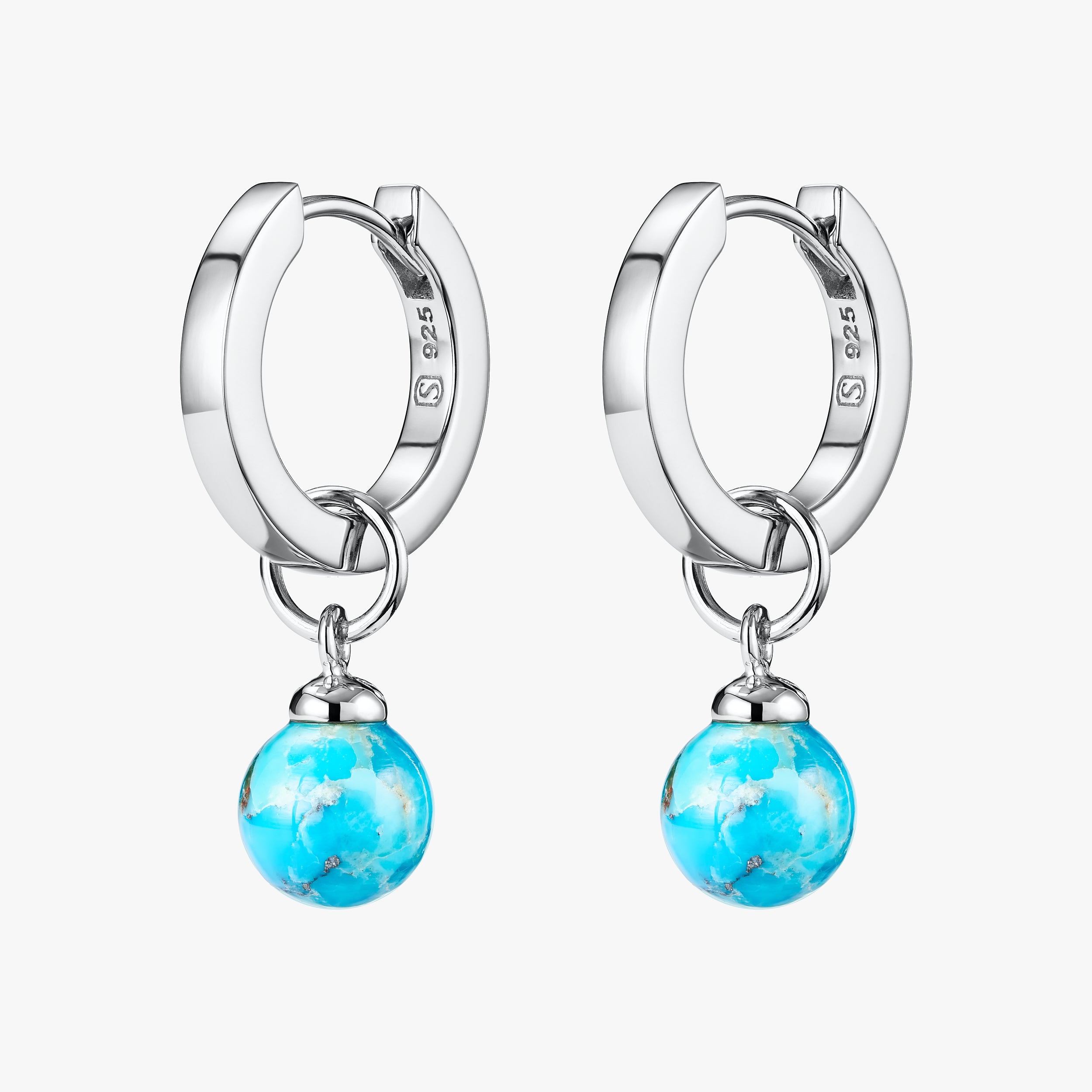 Pair of beautiful hypoallergenic Sterling Silver Huggie Hoop earrings with personalised Turquoise gemstone charms attached.