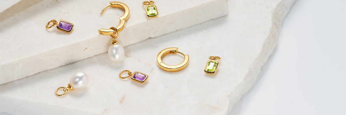18k gold vermeil huggie hoop earrings with birthstones and pearls 